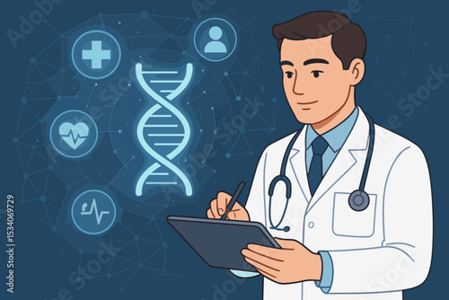 Male doctor using digital tablet for electronic health records. Futuristic medical technology concept. Telemedicine, digital healthcare, genetics, and cardiology with glowing icons.