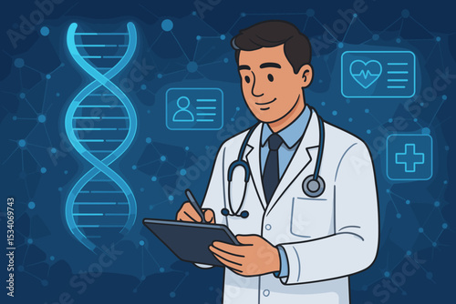 Doctor with tablet working on digital health interface. Concept for telemedicine, genetics, DNA research, electronic medical records, cardiology. Futuristic science technology.