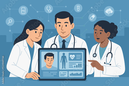 Doctors team collaborating on patient electronic health record on tablet. Digital healthcare innovation concept with medical technology and telemedicine for modern clinic consultation.