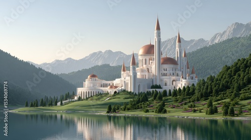 futuristic castle with garden near lake, photo-realism, 8k