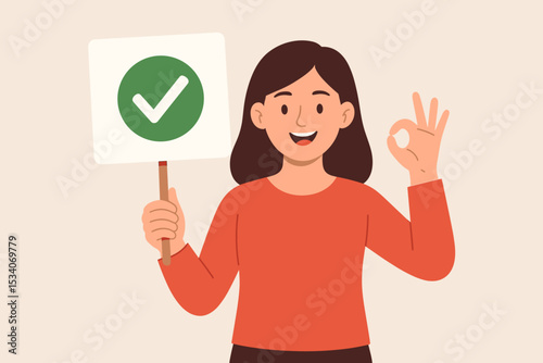 Happy cartoon woman holding checkmark sign, shows OK gesture. Vector character illustration for approval, success, positive feedback, quality control, agreement, satisfaction, vote.