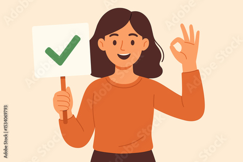 Happy woman character holding sign with green checkmark showing OK hand gesture. Positive feedback, customer satisfaction, quality approval, success, agreement, and task done concept.