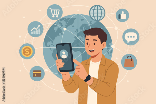 Man using smartphone for global connection. Online shopping. E-commerce concept. Digital marketing. Mobile payment and social media interaction. Worldwide network. Fintech. Data analytics.
