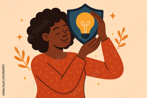 Creative idea protection concept. Black woman holding shield with lightbulb. Metaphor for intellectual property, copyright, and patent. Safeguarding innovation and business secrets.