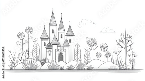Adult Coloring Page: Detailed Line Art of Castle with Rose Garden | Thick Outline, Sticker Art Style, White Background