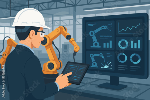 Engineer with tablet controls industrial robotic arm in smart factory. Man in hard hat monitors automation process. Concept Industry 4.0, AI, IoT, advanced manufacturing technology.