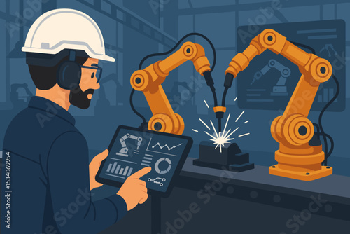 Smart factory engineer controlling robotic arms with a tablet. Industry 4.0 concept with automated welding on a production line. Industrial automation and manufacturing technology.