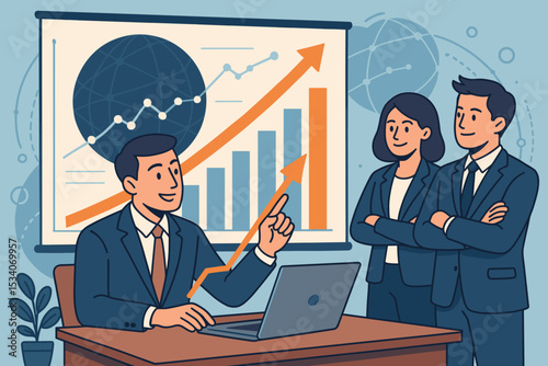 Manager presenting financial strategy, pointing at a growth chart on a screen. Business team in a meeting analyzing data. Corporate report, global market trends, investment success.