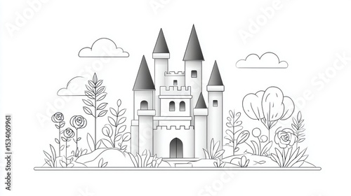Adult Coloring Page: Detailed Line Art of Castle with Rose Garden | Thick Outline, Sticker Art Style, White Background