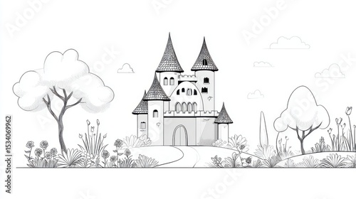 Adult Coloring Page: Detailed Line Art of Castle with Rose Garden | Thick Outline, Sticker Art Style, White Background