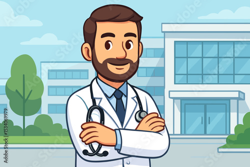 Friendly male doctor cartoon character with a stethoscope and arms crossed. Confident physician stands outside a modern hospital building. Medical and healthcare vector concept.