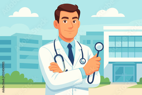 Confident male doctor cartoon character in a white lab coat with a stethoscope. Friendly medical professional standing in front of a hospital or clinic. Healthcare and medicine concept vector.