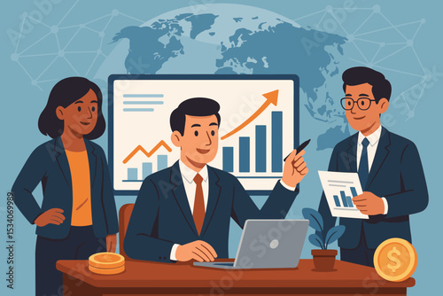 Business team analyzing financial strategy. Colleagues in a meeting discussing data report and market growth. Corporate planning and teamwork for success. Global investment concept.