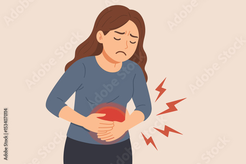 Woman suffering from stomach ache. Girl with menstruation period pain, holding her abdomen. Concept of gastritis, food poisoning, digestive problems. Health care vector illustration.