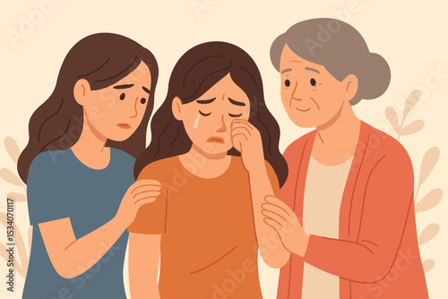 Family emotional support concept. Mother and grandmother comforting a sad, crying daughter. Women show empathy, compassion, and care. Mental health, grief, and depression vector.
