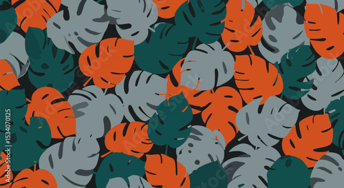 Abstract pattern of overlapping leaf-like shapes in bright orange, muted green, and soft blue-gray
