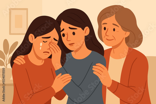 Emotional support network. Friends comfort crying woman. Family compassion. Mother, daughter, sister consoling sad girl. Mental health care. Empathy, grief, depression concept.