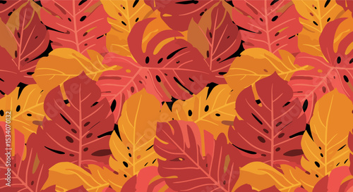 Close-up of dense tropical leaves with rich red, orange, and yellow hues