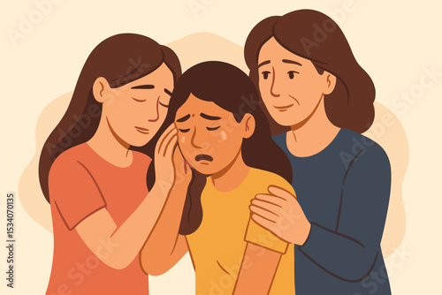Emotional support and mental health concept. Friends and family comforting a sad, crying woman. Empathy, compassion, and care for depression, anxiety, and grief problems.