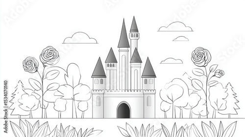 Adult Coloring Page: Detailed Line Art of Castle with Rose Garden | Thick Outline, Sticker Art Style, White Background
