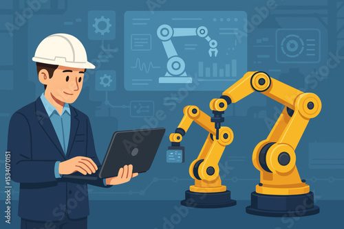 Engineer using laptop for programming and controlling robotic arms on an automated production line. Smart factory and Industry 4.0 concept for modern industrial manufacturing.