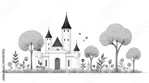 Adult Coloring Page: Detailed Line Art of Castle with Rose Garden | Thick Outline, Sticker Art Style, White Background