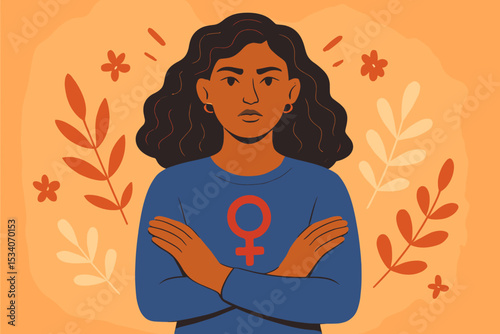 Strong woman of color with crossed arms. Feminist illustration with female gender symbol. Concept for empowerment, girl power, equality, activism, and International Women's Day.