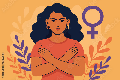 Strong empowered woman with crossed arms and female symbol. Feminism concept for women's rights and gender equality. Vector illustration for girl power and protest movement.