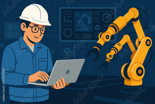 Engineer with laptop programming robotic arm on factory production line. Smart manufacturing and industrial automation technology concept. Vector illustration of worker and robot.