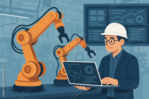 Engineer with laptop programming robotic arms on an assembly line. Smart factory automation and industry 4.0 concept. Industrial technology and manufacturing process control.