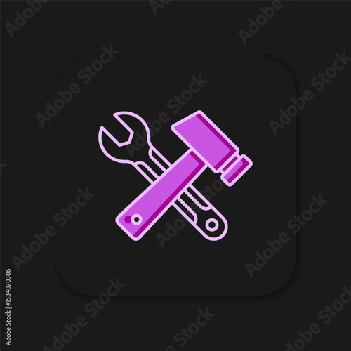 Filled outline Crossed hammer and wrench spanner icon isolated on black background. Hardware tools. Flat filled outline style with shadow. Vector