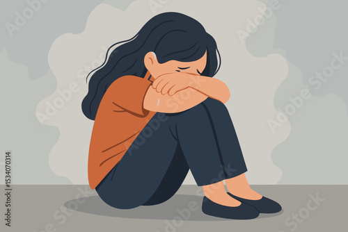 Sad crying girl illustration, young woman feeling depressed and lonely, mental health concept. Person in despair, anxiety, grief, emotional distress, sorrow, solitude, heartbroken.