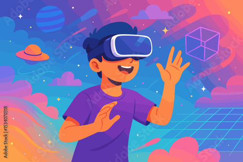 Happy boy wearing VR headset explores the metaverse. Kid interacting with virtual reality world. Futuristic technology, gaming, and simulation concept. Cyberspace vector illustration.