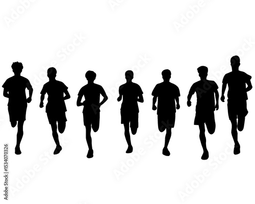 Silhouette of crowd of young people running, morning jogging, isolated icon on white background.