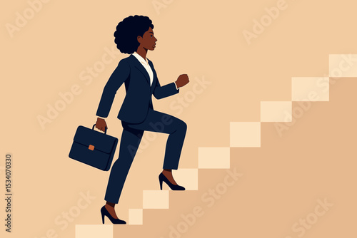 Black businesswoman climbing career ladder. African American woman in suit walking up stairs. Concept of corporate success, professional growth, promotion, leadership, achievement.