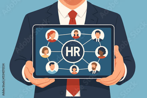 HR technology concept with businessman holding tablet showing employee network. Human resources management, digital recruitment, talent acquisition, and corporate organization structure.