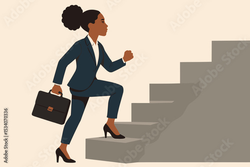Ambitious black businesswoman climbing the career ladder. Professional woman in a suit walking up stairs with a briefcase. Concept of success, growth, promotion, and leadership.