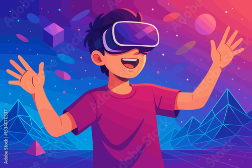 Happy boy wearing VR headset exploring the metaverse. Teenager in virtual reality glasses discovering a digital world. Futuristic technology, gaming, and cyberspace concept vector.