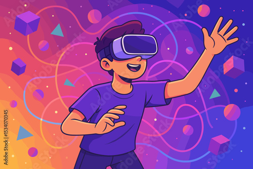 Boy in VR glasses explores metaverse. Man with headset in virtual reality. Futuristic technology, gaming, cyberspace concept. Person interacting with abstract digital world. Vector.