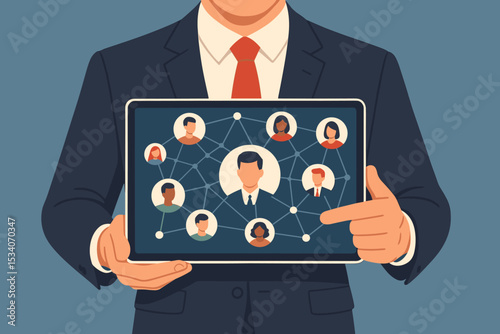 Businessman holding tablet with professional network. HR technology for human resources management, recruitment and team building. Corporate organizational chart & employee connection concept.