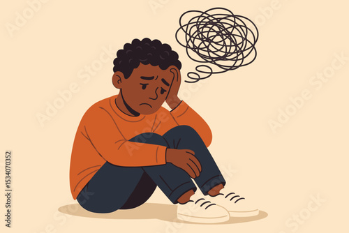 Unhappy sad Black boy with confused thoughts. Child mental health concept. Frustrated kid feeling anxiety, depression, and stress. Tangled scribble represents psychological problems.