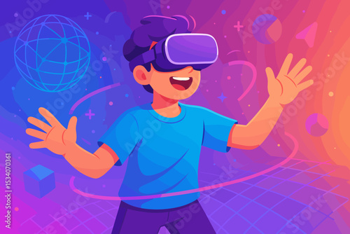 Virtual reality experience concept. Happy boy wearing VR headset explores the metaverse. Future technology, digital world interaction, and augmented reality gaming simulation.
