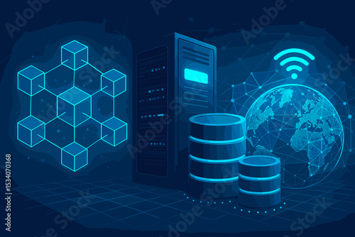 Futuristic digital network concept with server, database, and global connection. Blockchain technology and cloud computing illustration for big data and internet communication.