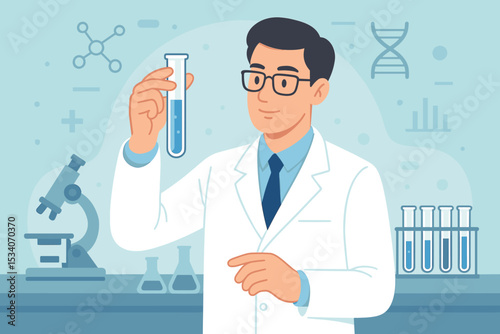 Scientist in laboratory conducting medical research. Male chemist character holding test tube for scientific experiment. Healthcare, pharmaceutical, and biotechnology innovation.