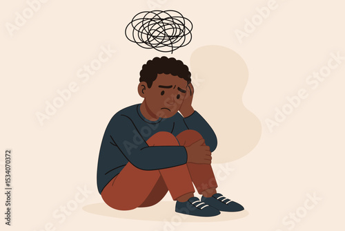 Sad young black man sitting with confused thoughts. Concept of mental health, depression, anxiety, stress, loneliness, and psychological problems. Unhappy person feeling despair.
