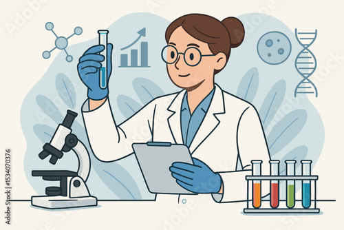 Female scientist conducting medical research in a laboratory. Woman researcher with test tube, clipboard and microscope. Vector concept for science, discovery and biotechnology innovation.
