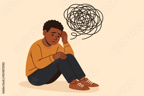 Young sad black man with confused thoughts. Concept of mental health issues, depression, anxiety, stress. Psychology metaphor with tangled scribble line. Mental disorder problem.