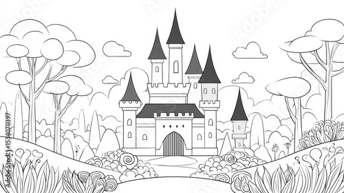 Adult Coloring Page: Detailed Line Art of Castle with Rose Garden | Thick Outline, Sticker Art Style, White Background
