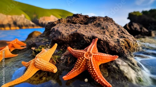 Wallpaper Mural A Group of Starfish Resting in a Shallow Tide Pool on a Rocky Shoreline at Sunset under a Cloudy Blue Sky Torontodigital.ca