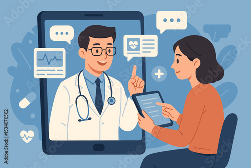 Telemedicine concept, online doctor consultation. Physician on smartphone advises patient. Virtual healthcare, remote medical assistance, e-health, digital health technology.